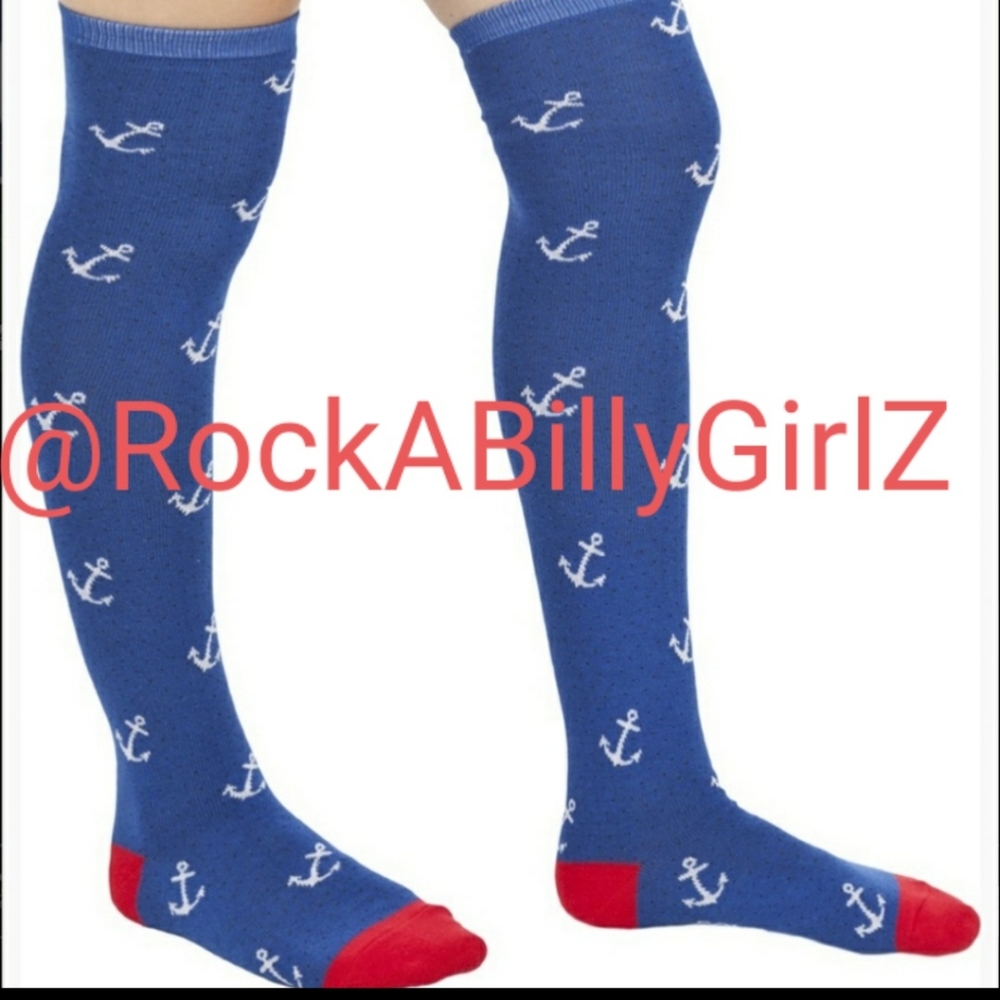 Sourpuss Blue Seafaring Nautical 19" Thigh High Socks w Anchor & Red Toes & Heel - Picture 1 of 1